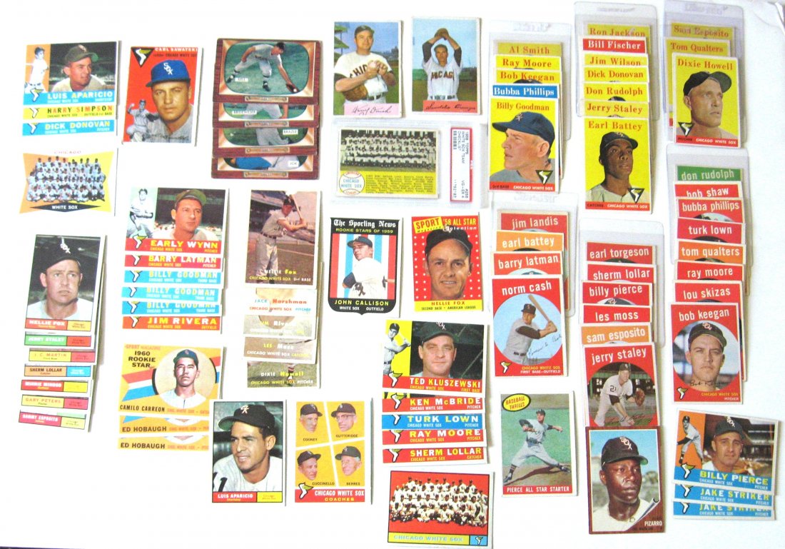 Fox, Aparicio, Wynn, Cash rookie 80 Sox cards,: Chicago White Sox cards 1954-1962 including 1954 Carl Sawatski, 1955 Bowman George Kell, 1957 Nellie Fox, 1958 graded PSA 4 team card, Ron Jackson, Billy Fischer rookie, Nellie Fox All Star, 1959 Bob