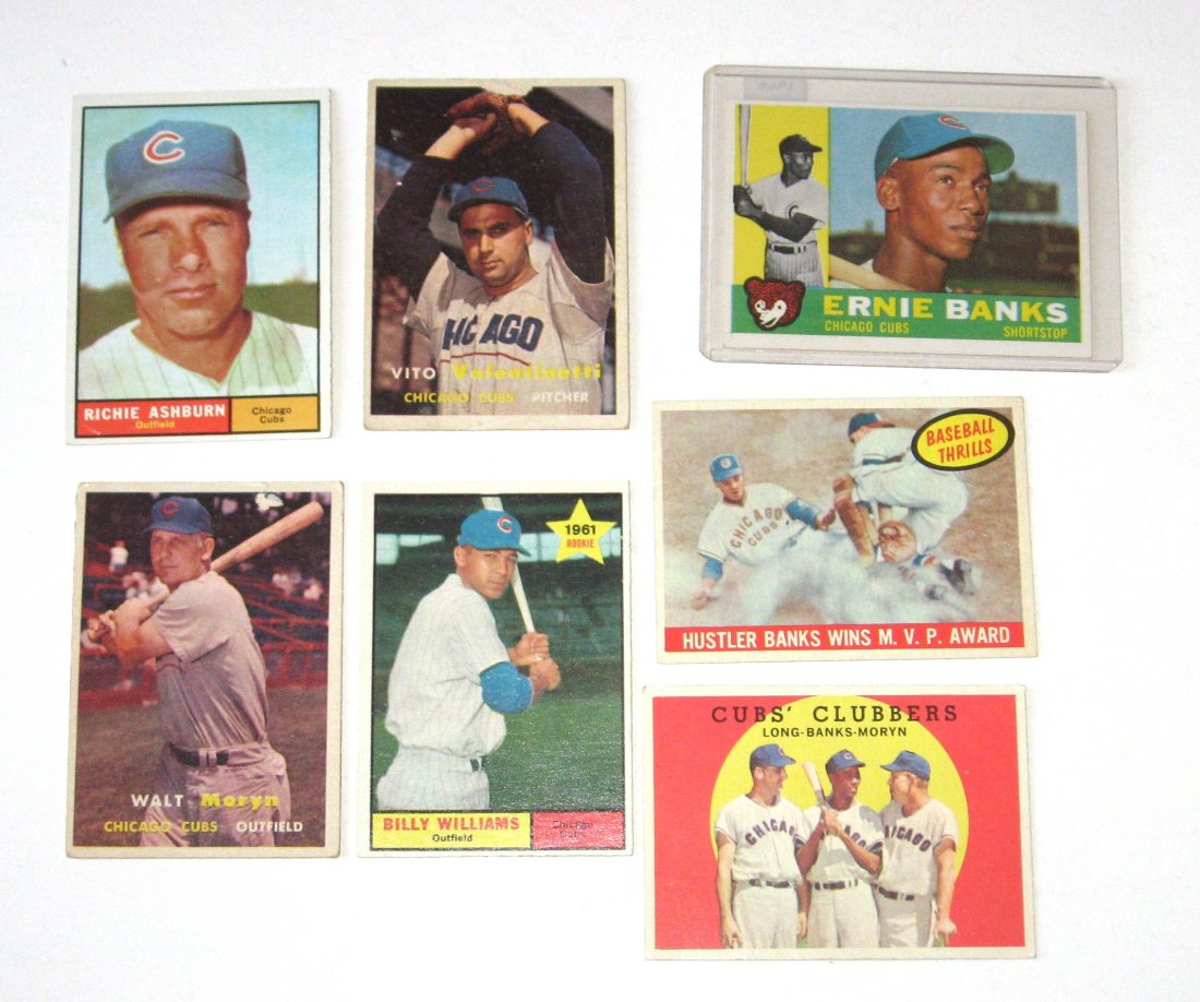 Banks, Williams rookie, 80 Cubs cards 55-62: including a 1955 Bowman Clyde McCullough, 1957 Vito Valentinetti rookie, Chicago team card, 1958 Walt Moryn, Jim Brosnan, Don Elston, Bobby Thomson, Chicago team card, 1959 Club Clubbers, Dale Long, B