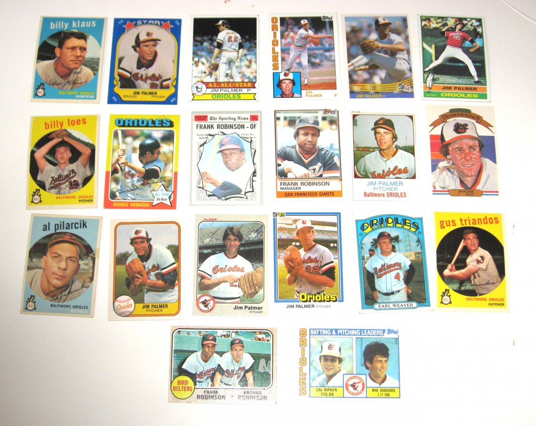 20 Oriole cards including Robinson, Palmer,: including 10 Jim Palmer cards, four 1959 cards including Gus Triandos, 1968 Bird Belters, 1970 and 1983 Frank Robinson, 1975 Brooks Robinson and more.