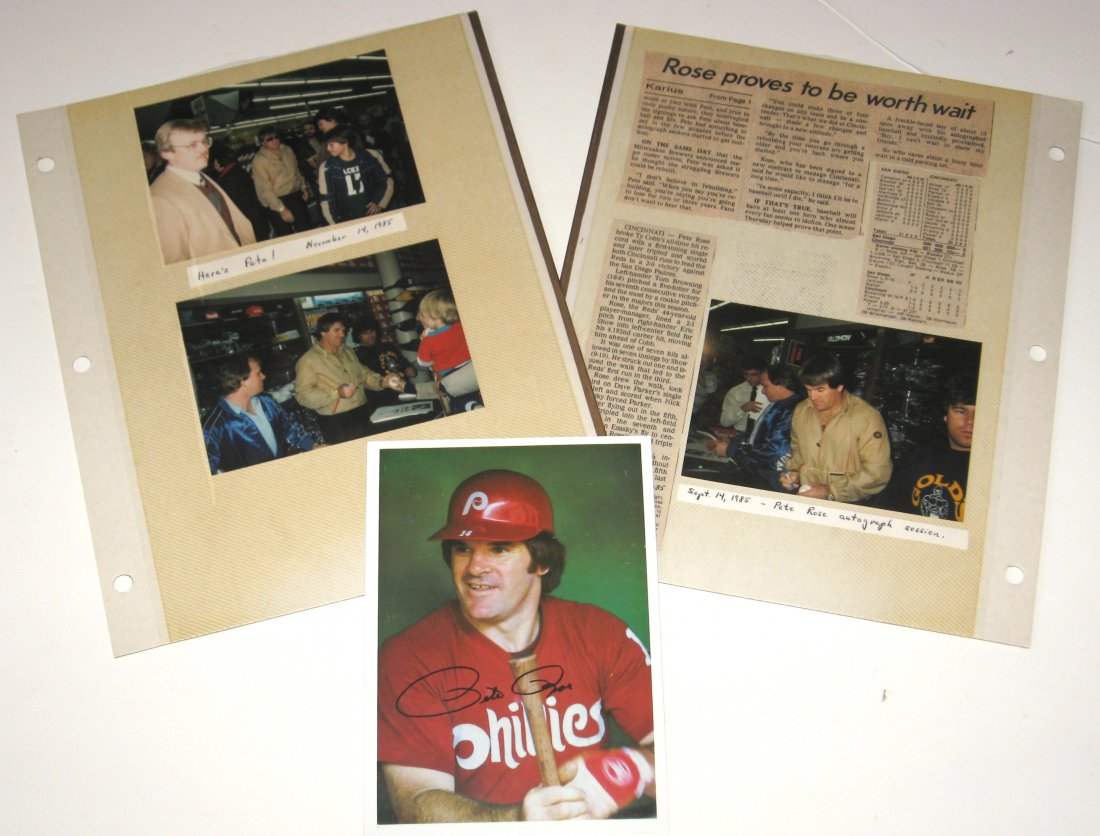 Lot of Pete Rose baseball items,: Lot consists of one personally acquired signed Pete Rose pictures and a additional believed to be machine signed picture, together with two pages out of Martin's autograph book from 1985 when Pete was