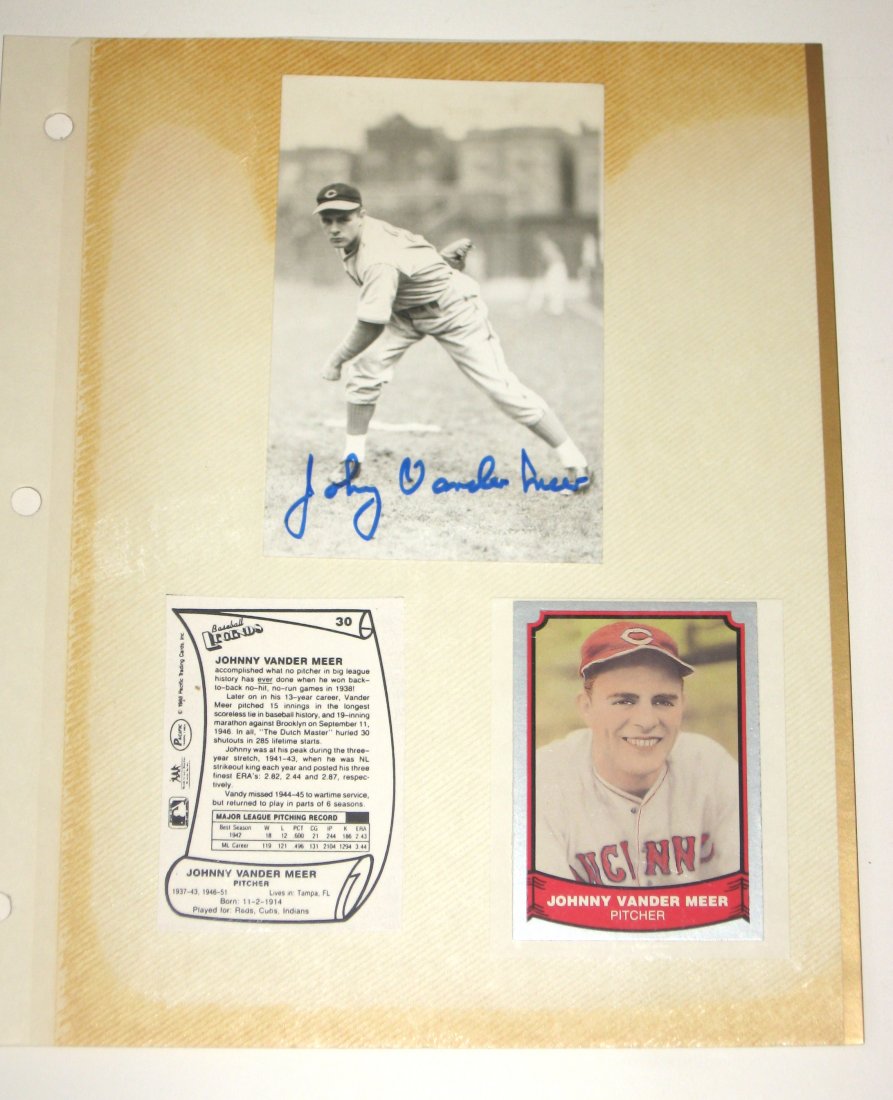 Rare autograph of Reds Johnny Vander Meer,: includes a sheet from Martin's autograph book of a signed picture of Johnny Vander Meer, also a reproduction card and articles. Vander Meer is the only pitcher to ever pitch consecutive no-hit games.