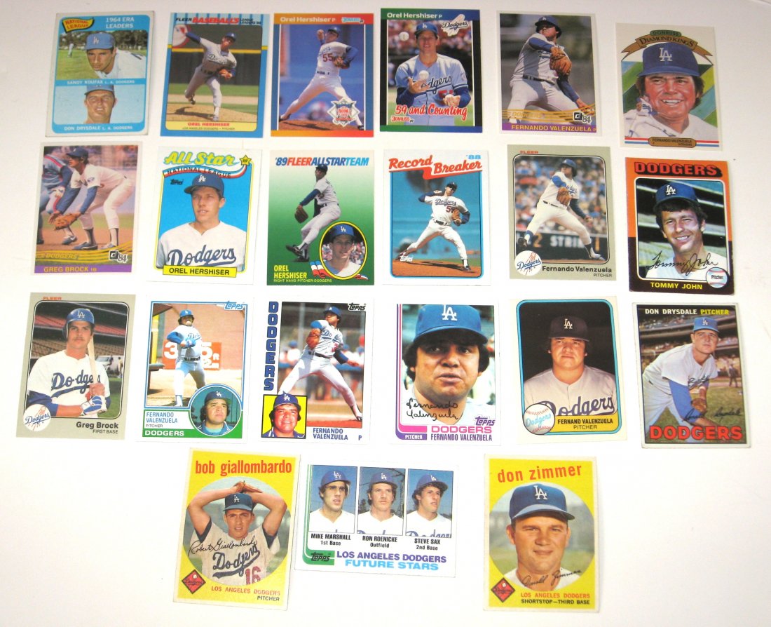 Drysdale, Zimmer, Hershiser, Valenzuela cards,: 21 cards of the Los Angeles Dodgers, including a 1959 Don Zimmer and Bob Giallombardo, a 1967 Don Drysdale, 1984 Greg Brock, 1975 Tommy John, 6 Fernando Valenzuela including a Fleer rookie, 1964 ERA l