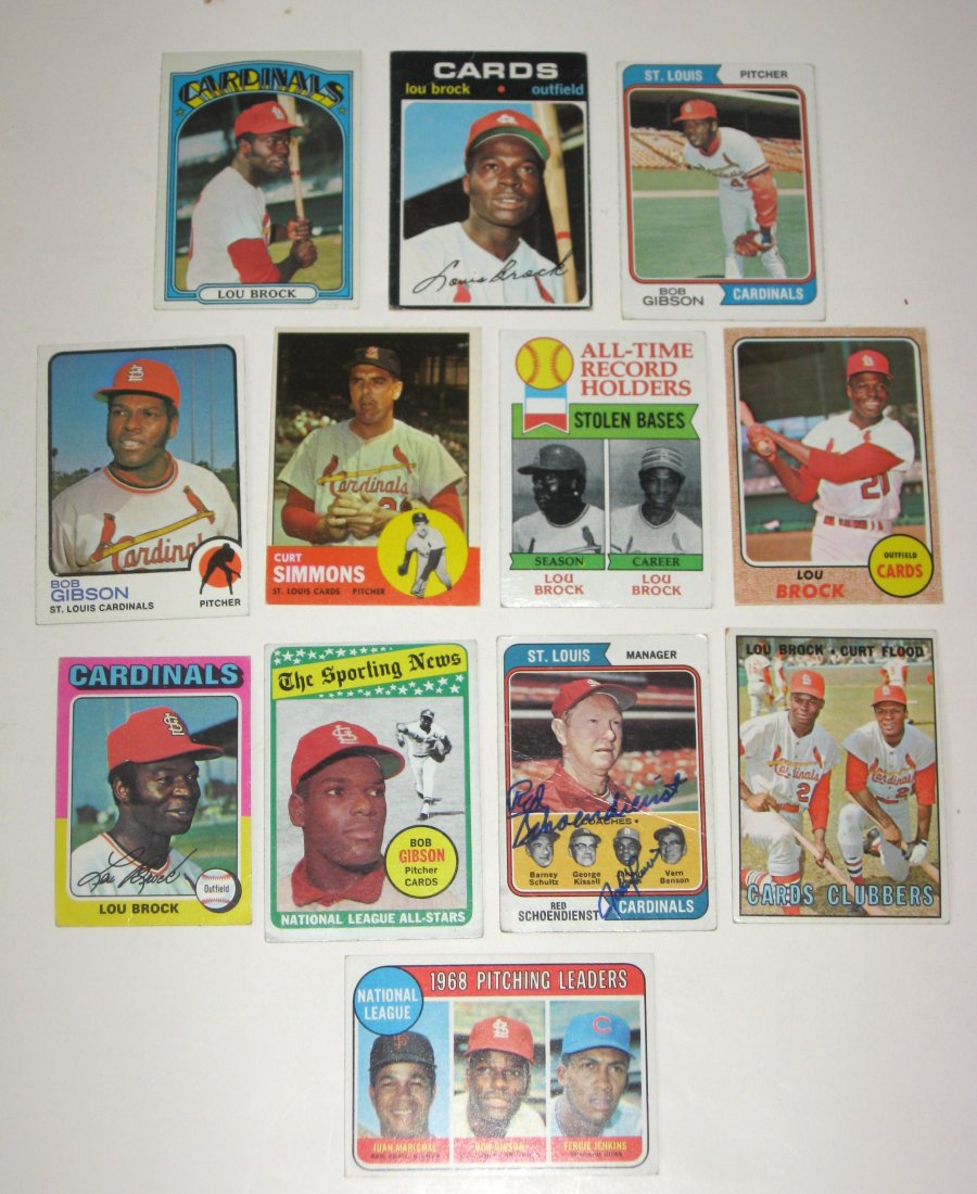Bob Gibson, Lou Brock, Red Schoendienst,: a group of 12 vintage St. Louis Cardinal baseball cards, including an autograph card by Red Schoendienst.