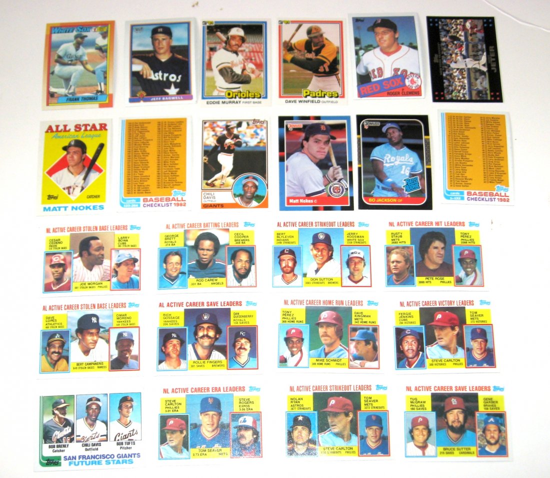 1980 cards Jackson, Clemens, Bagwell and stars,: 24 cards including a 1990 Topps Frank Thomas rookie, Bowman 1991 Jeff Bagwell rookie, Roger Clemens rookie, Donruss Bo Jackson rookie, Chili Davis rookie and cards of Matt Nokes, Eddie Murray, Dave Wi