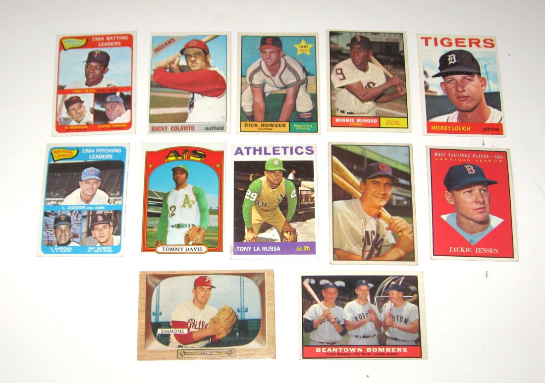 12 baseball cards stars of the 50"s and 60"s.: 1953 Hank Sauer, 1955 Bowman Curt Simmons, 1961 Jackie Jenson and Beantown Bombers, 1966 Rocky Colavito, 1961 Minnie Minoso and Dick Howse rookie, 1964 Mickey Lolich and Tony La Russa, 1972 Tommy Daiv