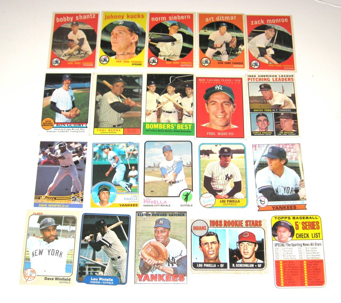 20 New York Yankee baseball cards.: including a 1959 Art Ditmar, Norm Siebern, Johnny Kucks, Bobby Shantz,and Zack Monroe, 1961 Phil Rizzuto Most Valuable Player, 1961 Yogi Berra,1963 Bombers Best and Pitching Leaders. Other cards of Ro