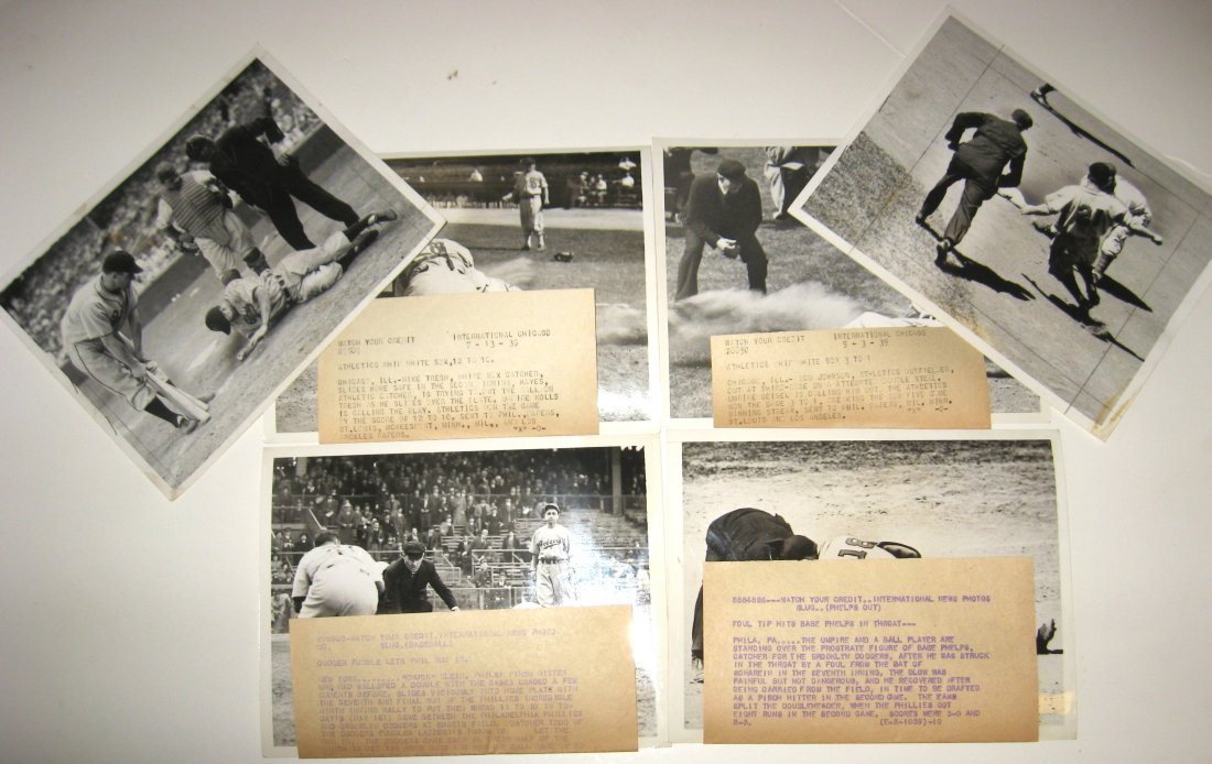 1939 Baseball Wire Photos, Philadelphia: Six original International News Wire Photos each with a Philadelphia team, four from the Phillies and two from the Athletics, Two of the Photos were used by a New Paper with an original clipping on th