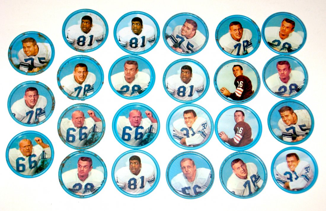 23 Salada Football coins of the Detroit Lions,: including Harley Sewell, Darris McCord, Yale Lary Neck Pietrosante, Dick Lane, Joe Schmidt John Gordy nad Milt Plum.