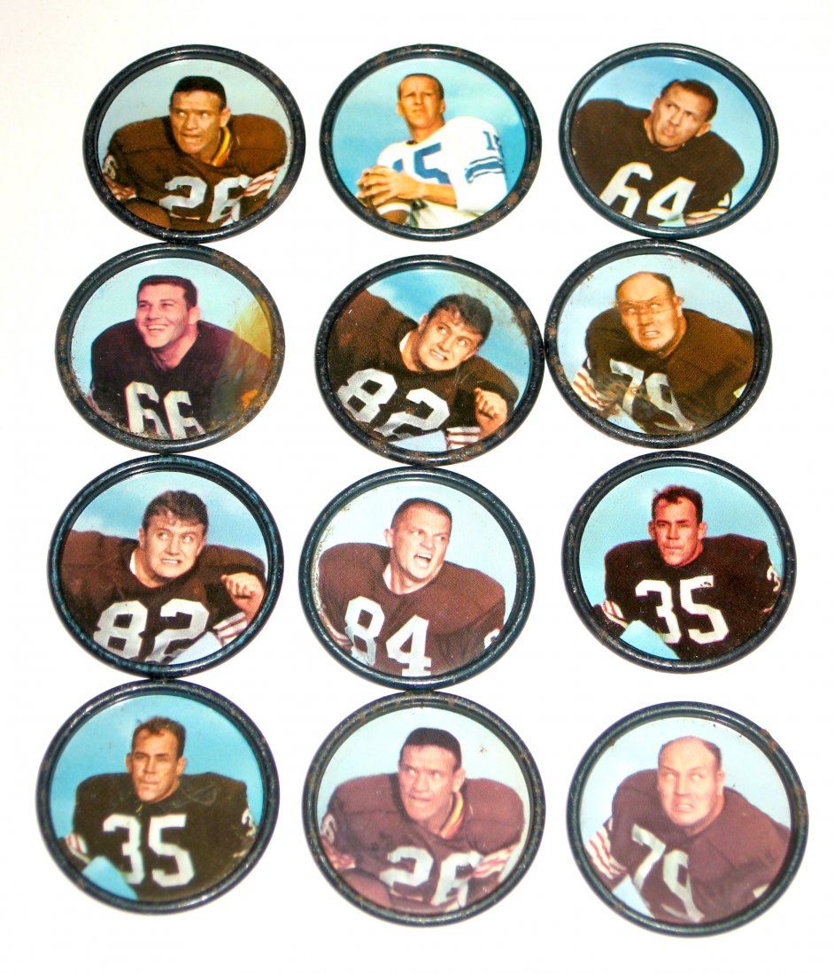 12 Salada Football coins Cleveland Browns,: including Bob Gain, Paul Wiggin Jim Houston, Ray Renfro, Galen Fiss, Jim Ray Smith Jim Ninowski.