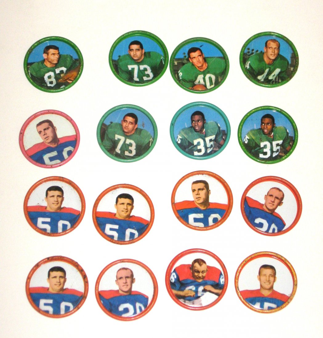 16 Salada Football coins Eagles, Bills,: including Bills players Bill Atkins, Al Bemiller, Archie Matsos, Warren Rabb, and Bill Shaw. Eagle players Pete Retzlaff, Tom Brookshier, Ed Khayat, Bobby Walston, and Ted Dean.