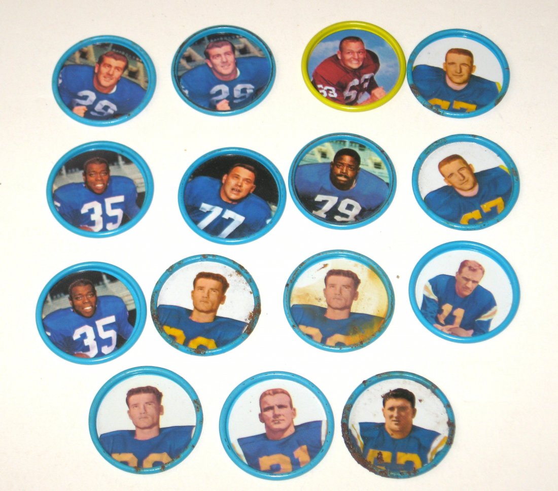 15 Salada Football coins Redskins, NY Titans: including Redskins player Rob Breedlove, NewYork Titans Bob Gaiters, Alex Webster, Dick Modzelewski, Rossevelt Brown, Bill Mathis, Ed Songin, Roger Ellis, Mike Hudock and Don Maynard.