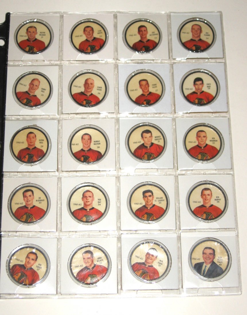 Salada 1962 Hockey Chicago Blackhawks set,: including coins 21-40 including Bobby Hull, Glenn Hall, Stan Mikita, and Pierre Pilote.