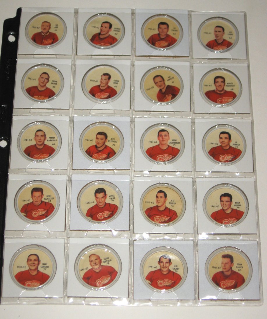 Salada 1962 Detroit Red Wings coin set.: including coins 61-80 featuring players Gordie Howe, Norm Ullman, Alex Delvecchio, Terry Sawchuk and Parker MacDonald.