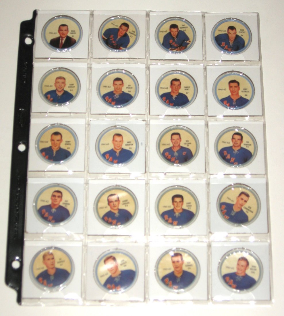 Salada 1962 New York Rangers coin set.: including coins 81-100 featuring Hall of Famers Jean Ratelle, Harry Howell, Doug Harvey, Andy Bathgate and Gump Worsley.