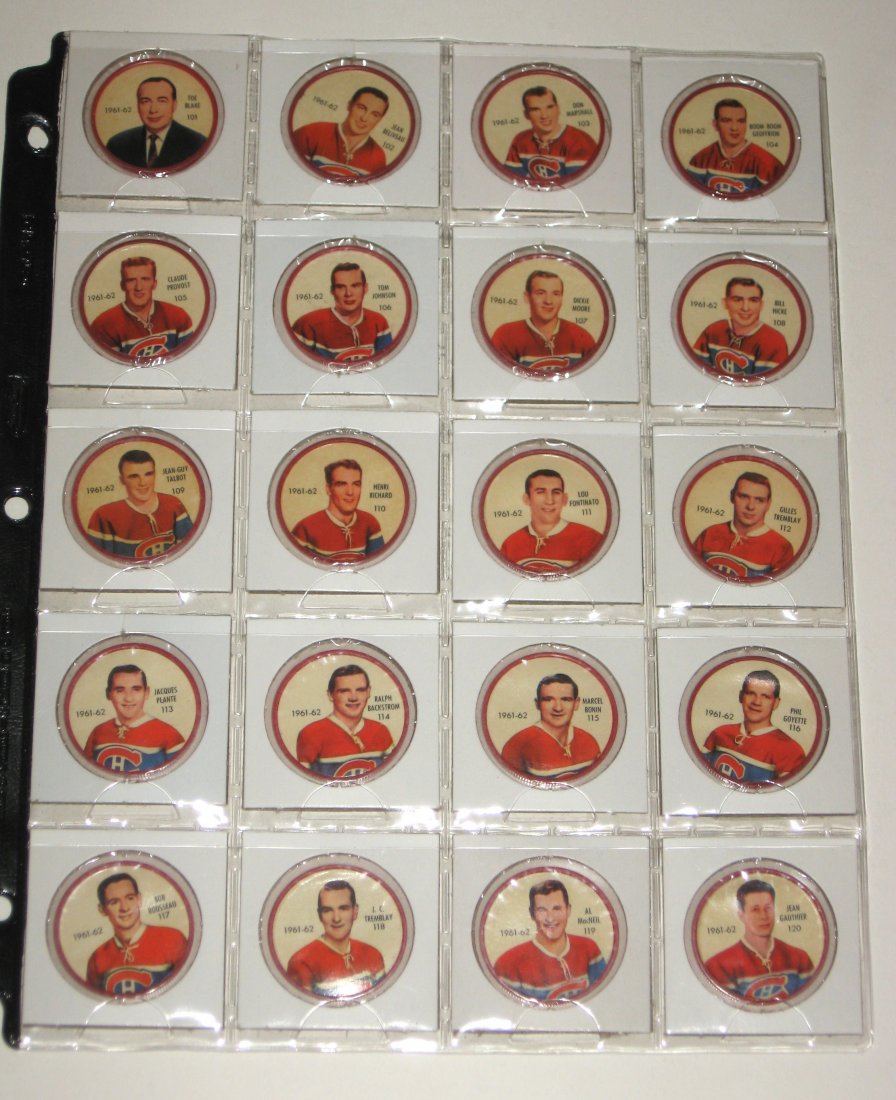 Salada 1962 Montreal Canadiens coin set,: including coins 101-120 featuring stars and Hall of Fame players and coaches, Jean Beliveau, Toe Blake, Jacques Plante, Boom Boom Geoffrion, Dickie Moore and Henri Richard.