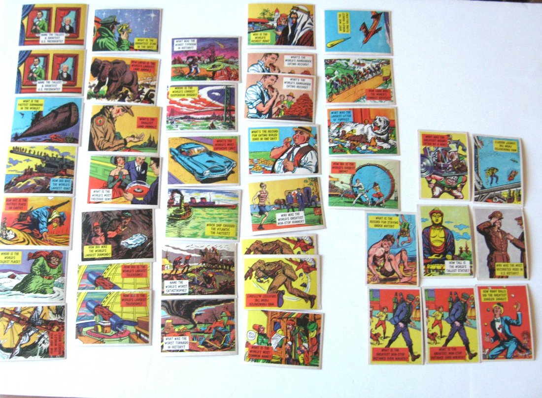 1957 Topps Isolation booth trading cards,: consisting of card 5, 9, 10, 16, 17, 18, 20, 21, 23, 24, 25, 26, 27, 28, 29, 31, 35, 37, 38, 44, 51, 53, 54, 55, 56, 57, 60, 64, 65, 69, 73, 75, 80, 81, and 83.
