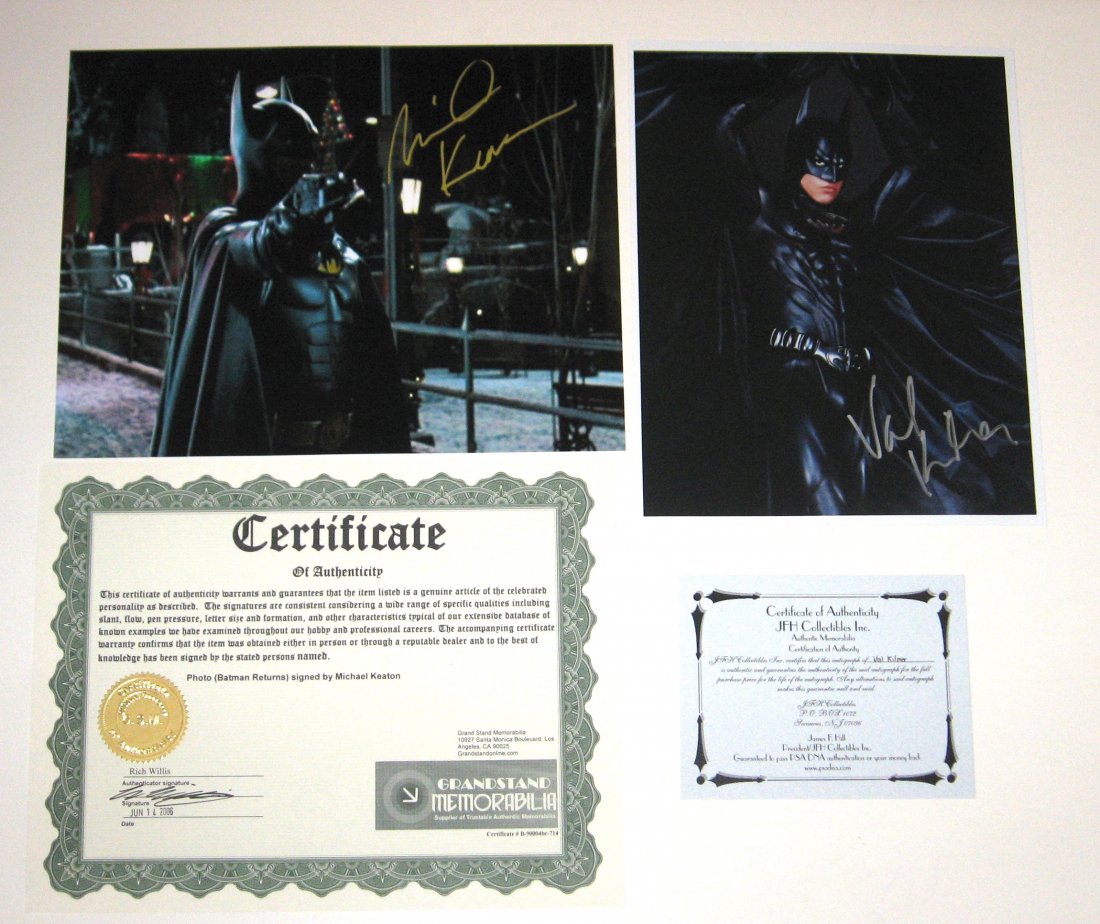Two Batman autographed photos,: each 8 by 10 one of Michael Keaton in Batman Returns, the other of Val Kilmer, each with certificate of authenticity.