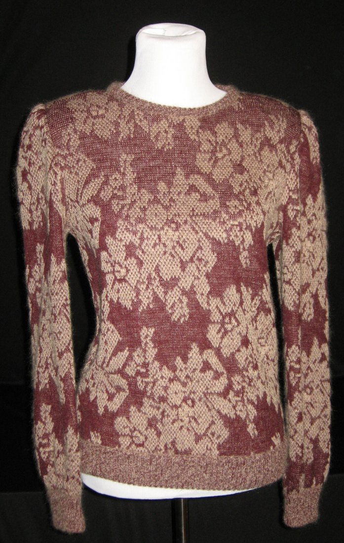 Valentino wool sweater,: mauve and crimson in a scrolling foliage design, approx size 6-8.