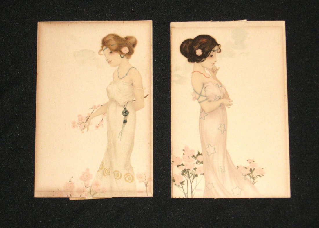 Two Vienne Art Nouveau postcards,: Each of a young lady with blooming Roses, attributed to Raphael Kirchner, marked Postkarte M. M. Vienne, 3 1/2 by 5 1/2" ht.