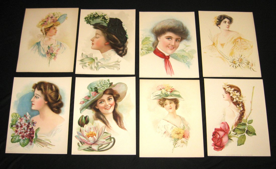 Eight 1904-08 Art Nouveau Lithograph,: Each of a Stately women including two of the "Eminent Actresses of our Time" series on Mrs. James Brown Potter, and Eleanora Duse, 10" wide by 12 3/4" ht.