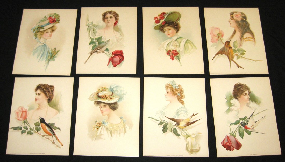 Eight 1903-8 Gray Lithograph pictures,: Each of a Victorian Lady including the American Song Bird series of Lillian Nordica, Louise Homer, Suzanne Adams, Lillian Blauvelt, and Sybil Sanderson, each 12 3/4" ht. by 10" wide.