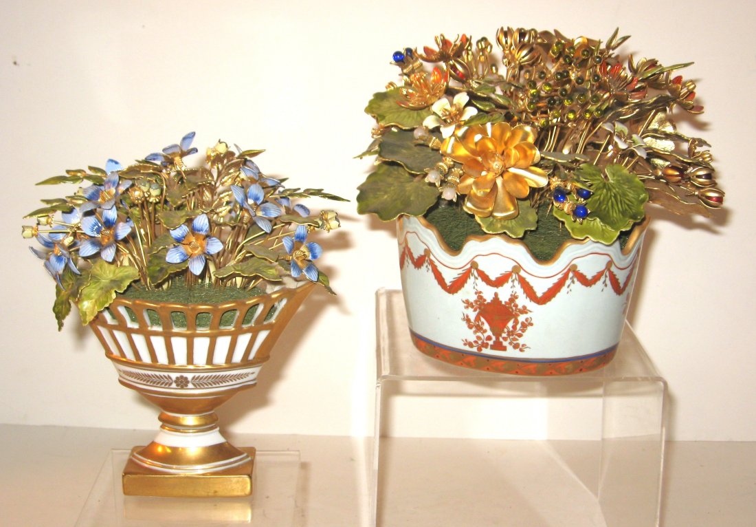 2 Gorham Jane Hutcheson Fleurs des Siècle's: including a footed porcelain pedestal vase with enameled metal flowers, together with a white enameled porcelain flower pot with metal flowers, pedestal vase signed Jane Hutcheson Gorham, tallest 6 1/