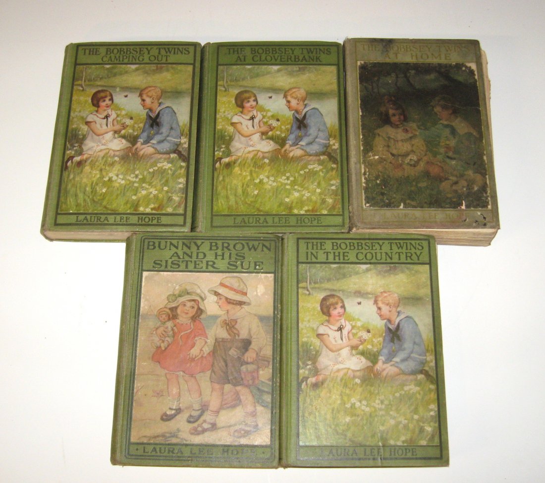 5 Bobbsey Twins books 1910 Grosset & Dunlap,: all by Laura Lee Hope including "Bunny Brown and His Sister Sue" 1916, "The Bobbsey Twins in the Country" 1907, "The Bobbsey Twins Camping Out" 1923, "The Bobbsy Twins at Cloverbank" 1926, "The Bobbse