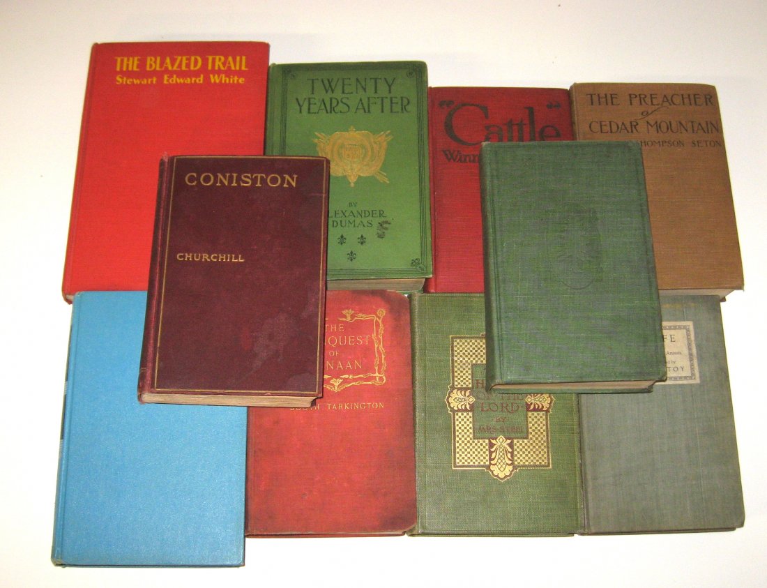 10 early 20th Century books: including "My Life" by T. A. Kouzminskaya revised by Leo Tolstoy 1924 Duffield New York, "The Preacher of Cedar Mountain" by Ernest Seton 1917 Grosset & Dunlap, "The Conquest of Canaan" by Tarkington 