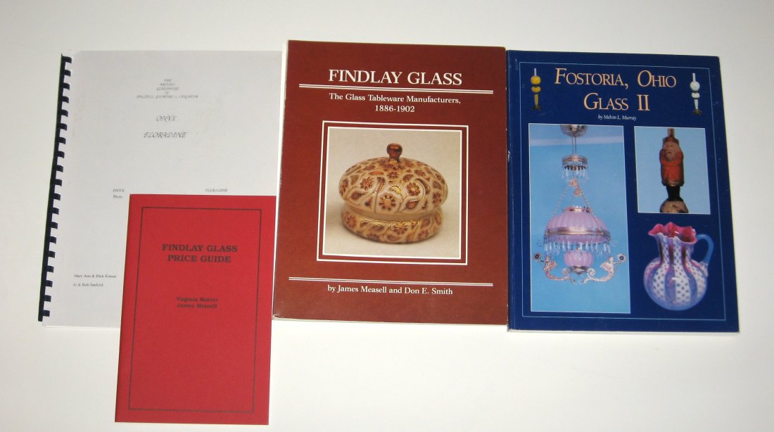Books "Findlay Glass" by Measell: together with Fostoria Glass II by Murry, both paperback. Also an unpublished book on Onyx by Dick Kraus and the price guide to Findlay