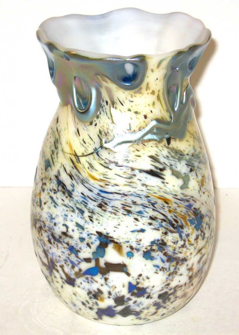 Charles Lotton Lava glass vase,: ovoid form in white, red and blue Cypriot adorned with an iridescent blue lava dripped rim, signed Lotton 1973, 7" ht.