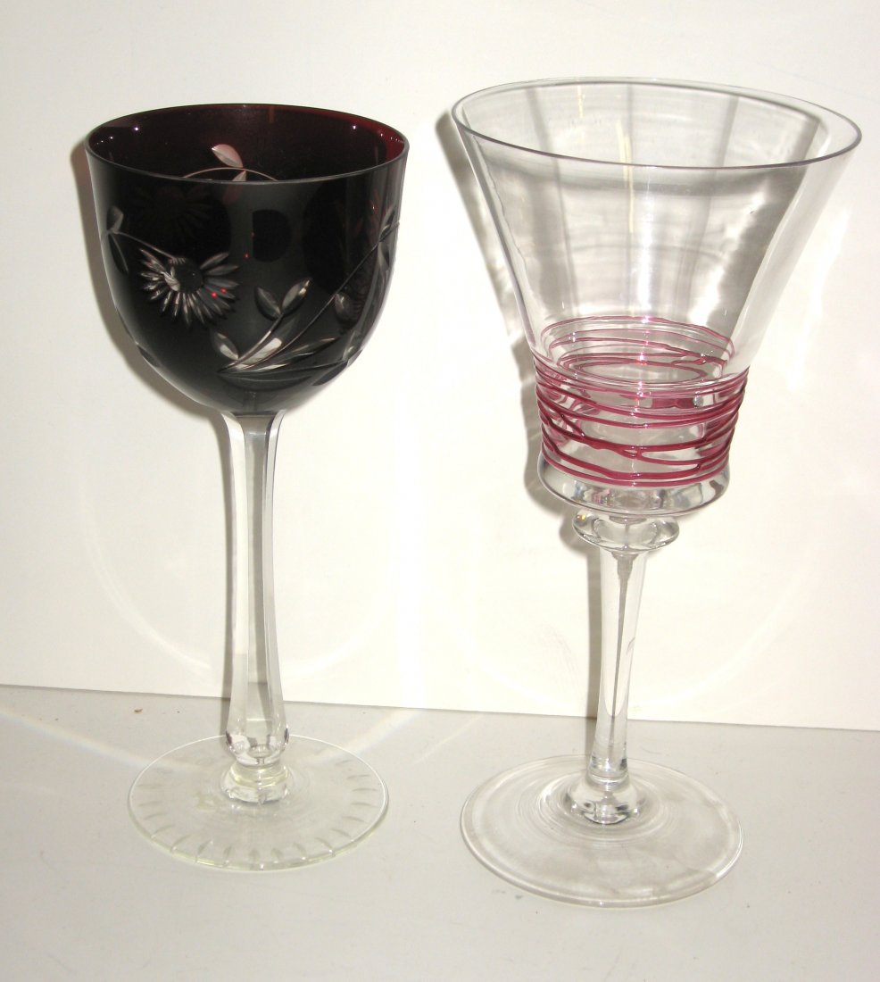 Two Art Glass goblets,: including a large Fry with random threading, together with a dark ruby cut to clear, 8" ht.