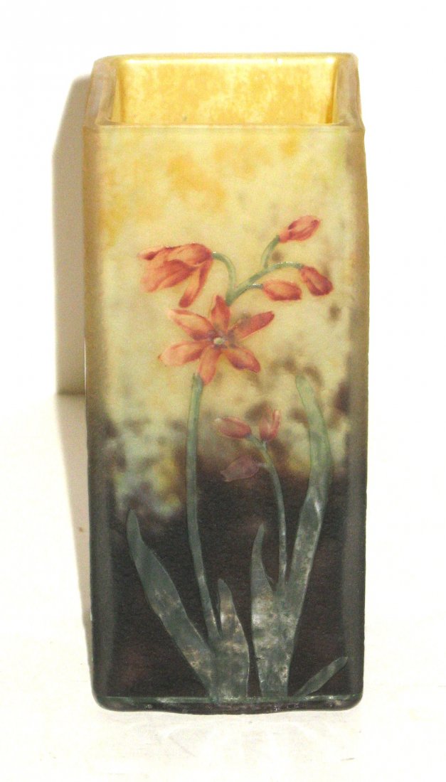 Daum Nancy French cameo glass vase,: rectangular form in textured purple graduating to yellow decorated on all sided with red flowers on green leafy stems, signed in cameo Daum Nancy, 4 3/4" ht.
