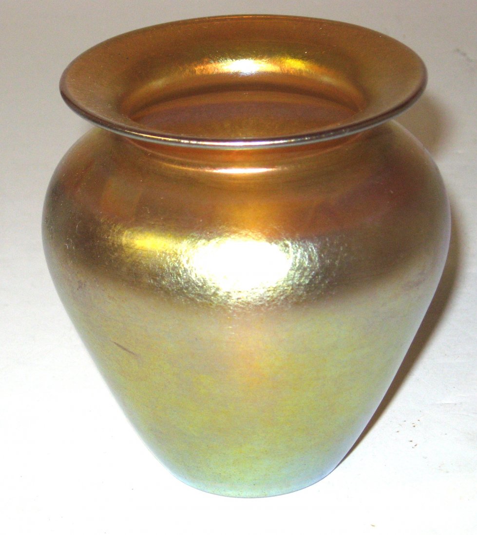 Durand iridescent gold glass vase,: ovoid classic form signed V Durand 1710-4, 4" ht.