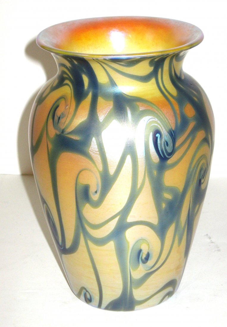 Quezal/Durand iridescent glass vase,: shouldered form in marigold decorated with a blue King Tut coil design, unmarked but definitely the work of Martin Bach, 7" ht.