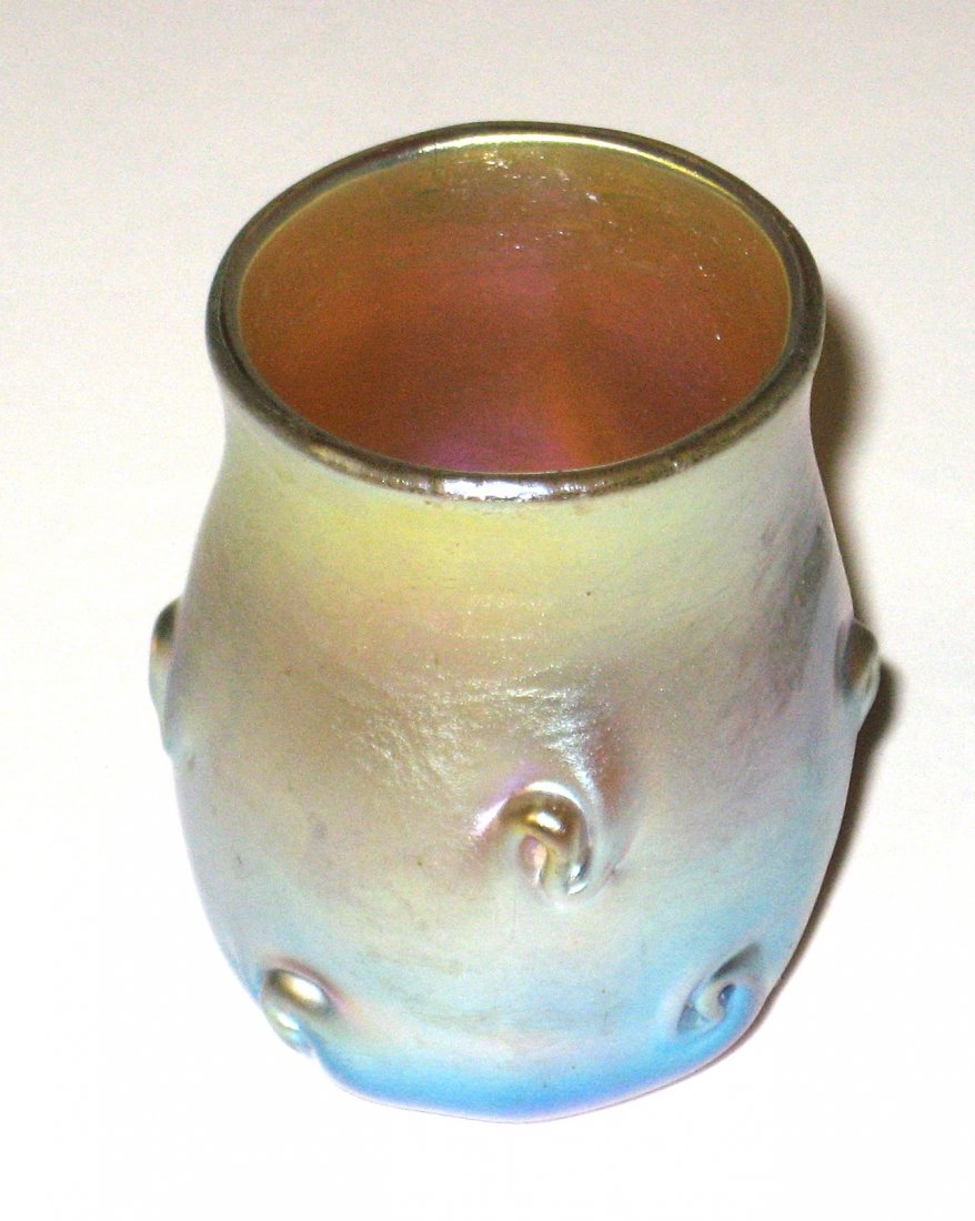 Tiffany gold Favrile glass cordial,: toothpick form decorated with pig tail prunts, signed T5546 L. C. T. 2" ht.