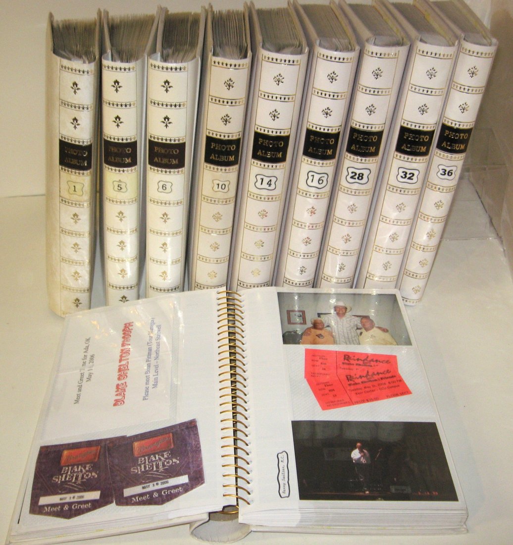 Blake Shelton and 10 county music photo albums,: Blake Shelton autograph is included in this 10 photo Albums collected by Vivian Rohrman spanning the years 1994-2009 of country music stars, albums full of stage, trade shows, candid shots, concert se
