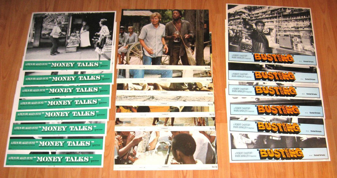 21 1970's original movie lobby cards,: Including a complete set of 8 from the Alan Funt 1972 movie Money Talks, 7 cards from the 1974 movie Conrack staring John Voight, and 6 lobby cards from the 1974 movie Busting featuring Robert Blake a