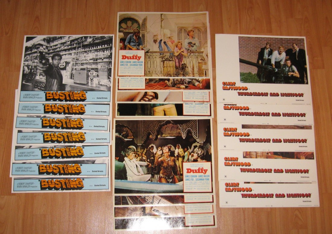 Duffy, Thunderbolt and Lightfoot, Bustin cards,: Original cards including a complete set from the 1968 movie "Duffy" staring James Coburn and Susannah York, 7 cards from the 1974 movie "Busting" staring Elliot Gould, and 5 cards from the 1974 Clint 