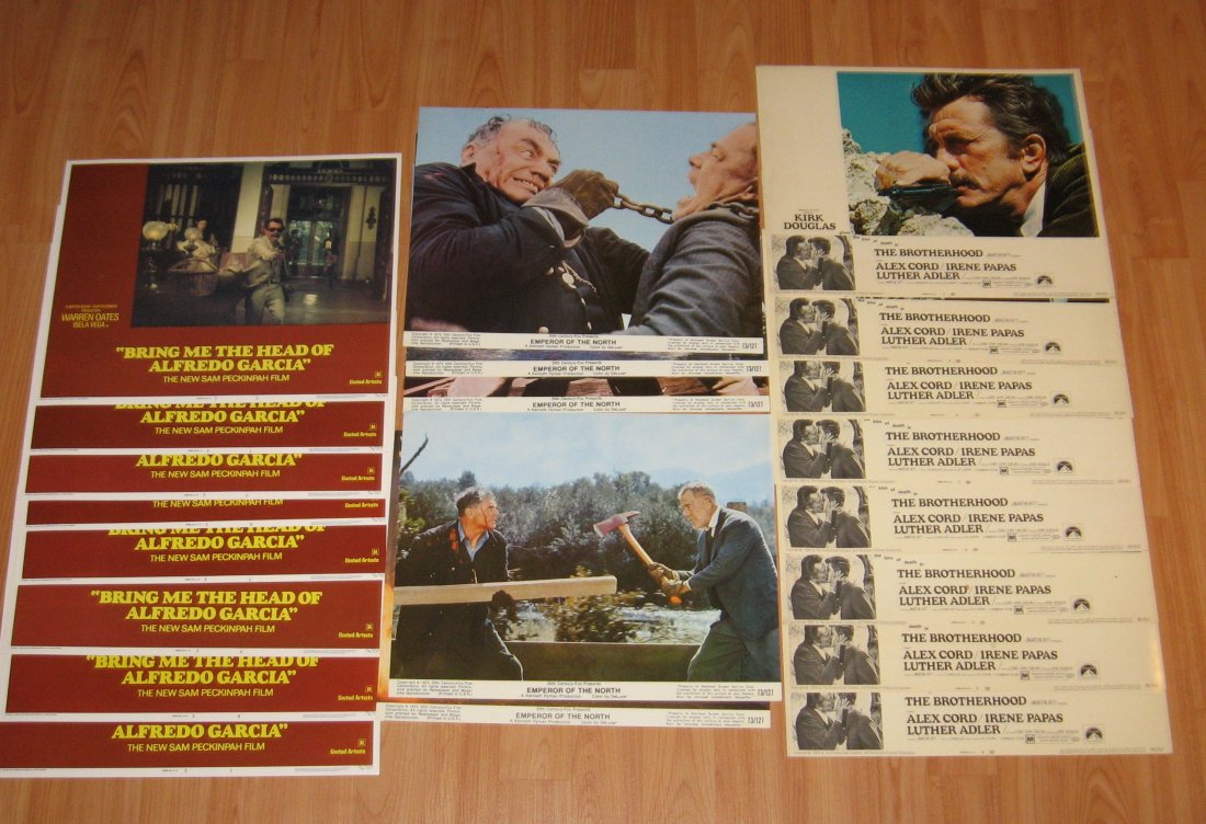 Sam Peckinpah, Kirk Douglas lobby cards,: Original set of 8 lobby cards from director Sam Peckinpah 1974 movie "Bring me the Head of Alfredo Garcia," together with a complete set of 8 Kirk Douglas cards in the 1968 movie "The Brotherhood" and