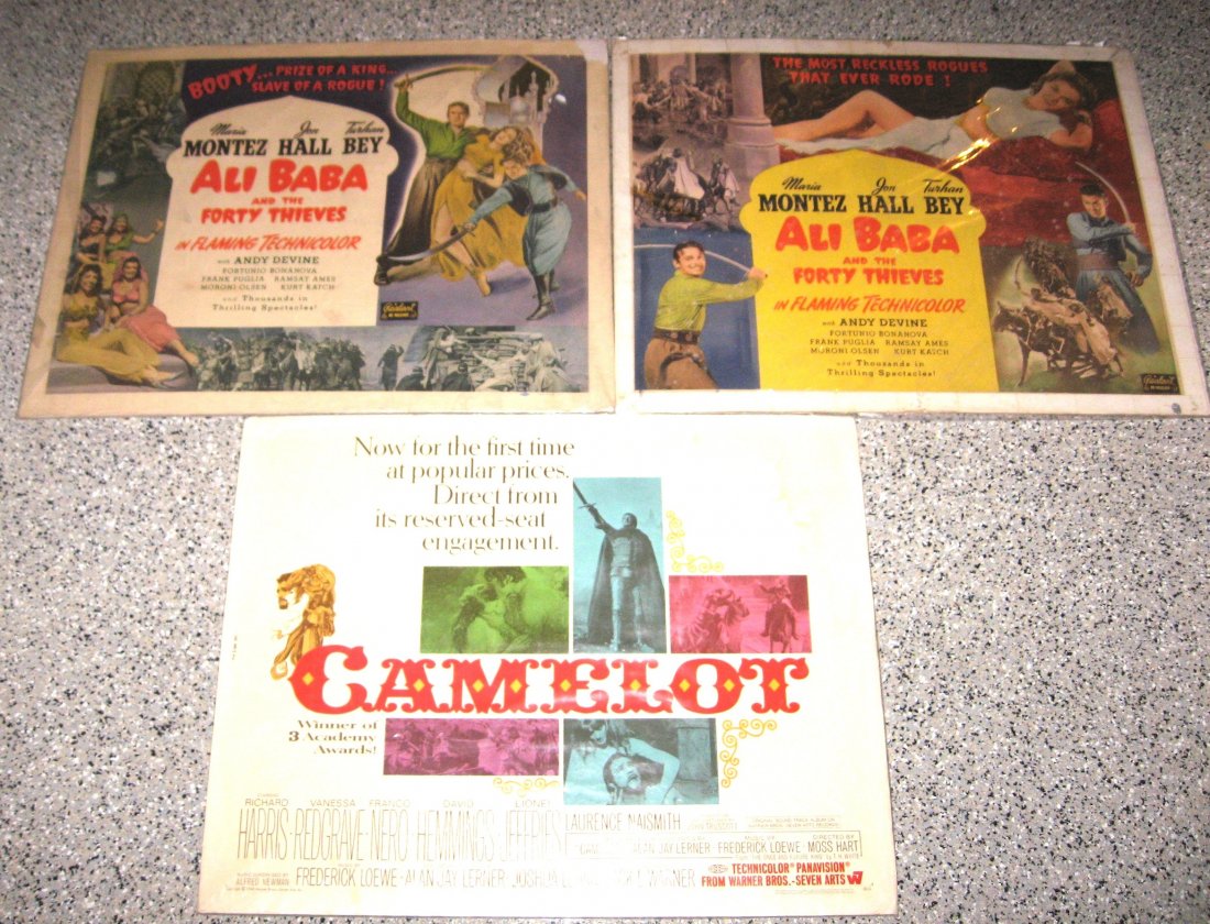 Camelot and Ali Baba posters,: 1968 Camelot poster staring Richard Harris and Vanessa Redgraves, together with two posters from Ali Baba and the Forty Thieves no copy write date, 22 by 28".
