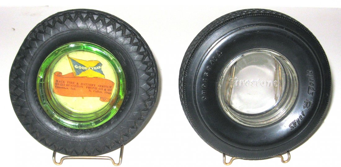 Two tire advertising ashtrays,: including a Firestone Wide Oval Super Sport, and a Goodyear Mace Tire and Battery Service Vincennes IND, 6' wide.