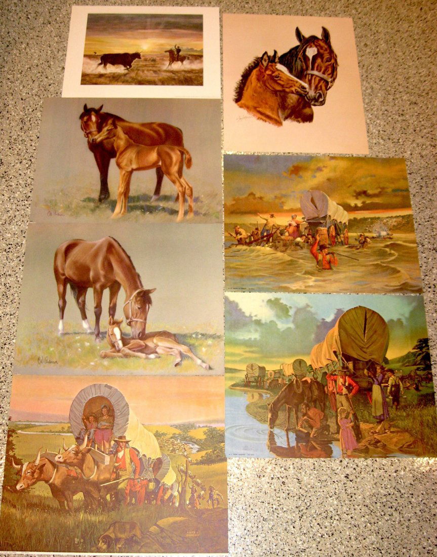 13 Western art Lithographs,: 13 including artist Peter Herd "Encounter at Dawn," Ole Larsen Horse prints, Charlie Dye, Norm Saunders "Night Rider," C. W Anderson Horse prints, Luke Doheny, and four Frederick Remington's, average