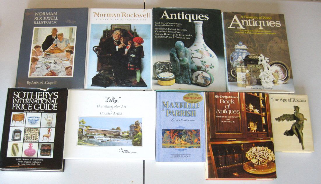 Norman Rockwell, Maxfield Parrish, Sotheby's: 9 book collection on antiques and art including Sotheby's International Price Guide, two books on Norman Rockwell, The New York Times Book of Antiques, Maxfield Parrish by Erwin Flacks, "Salty the Wat