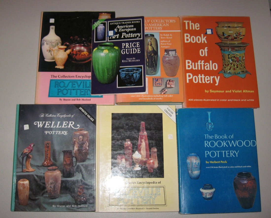 Books on Rookwood, Roseville, Weller, Buffalo: 7 books on American Art Pottery, Including two books on Roseville, The Book of Rookwood Pottery by Peck, Weller Pottery by Bob Huxford, The Book of Buffalo Pottery by Alman and the price guides.