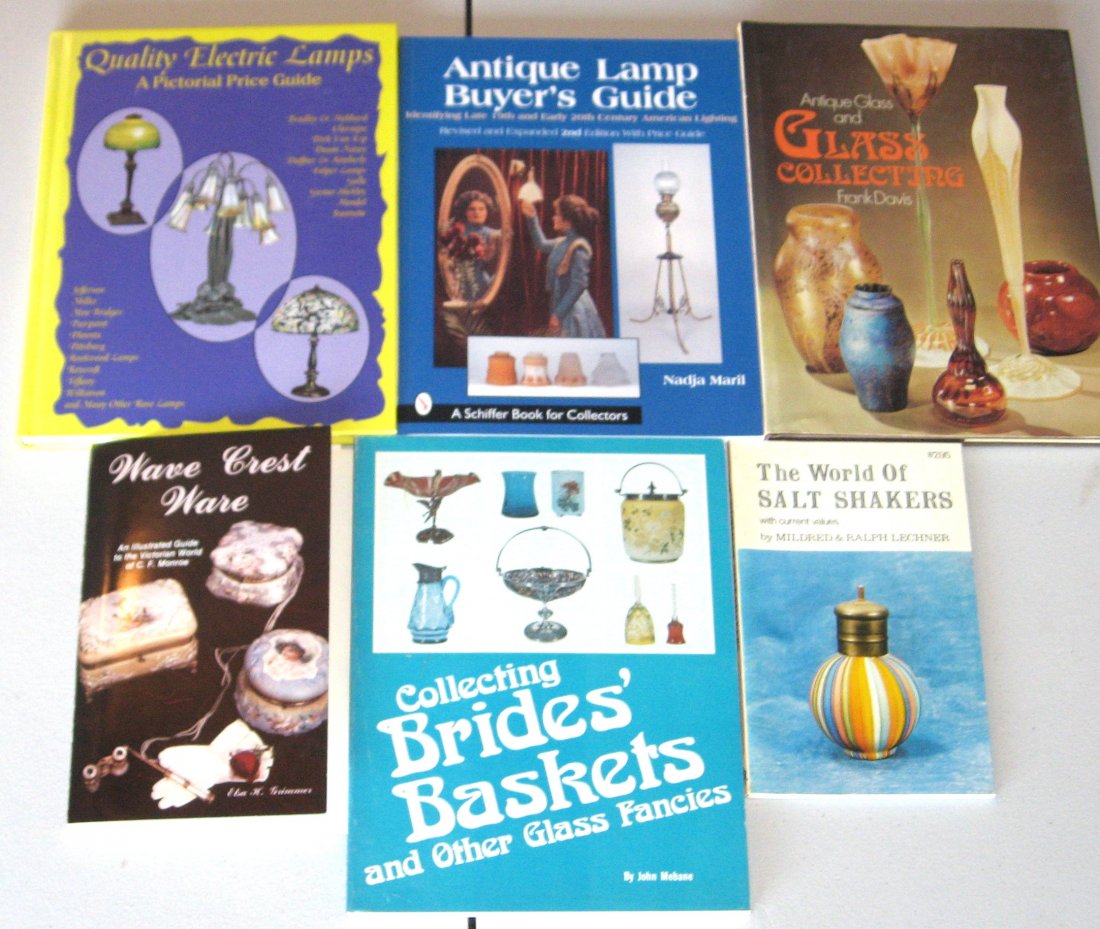 Books on Wave Crest and Art Glass: Six books on Art Glass and Lamps including Wave Crest Ware by Elsa Grimmer with price list from 1979, Quality Electric Lamps, The World of Salt Shakers by Lechner, Collecting Brides Baskets by Mebane,