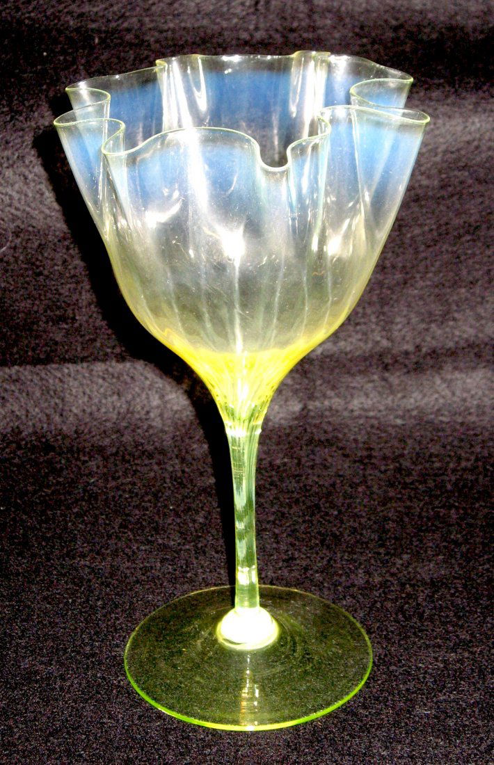 Powell Flower form vase,: Vaseline opalescent flower form vase by John Walsh at Powell glass England, 8" ht.