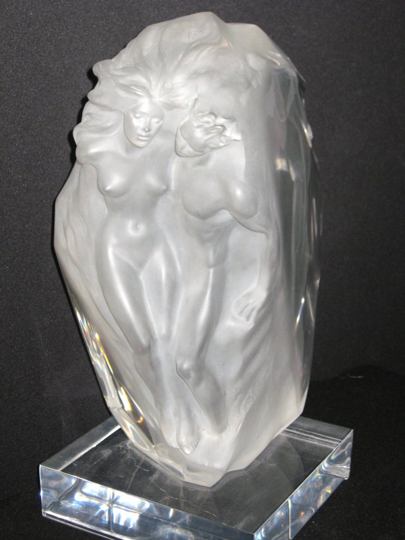 Frederick Hart Breath of Life sculpture,: Acrylic sculpture of a nude man and women carved from a block of ice decorated with veil of same image, marked 1990 F Hart 28 of 350, and signed by the artist, 17" ht.