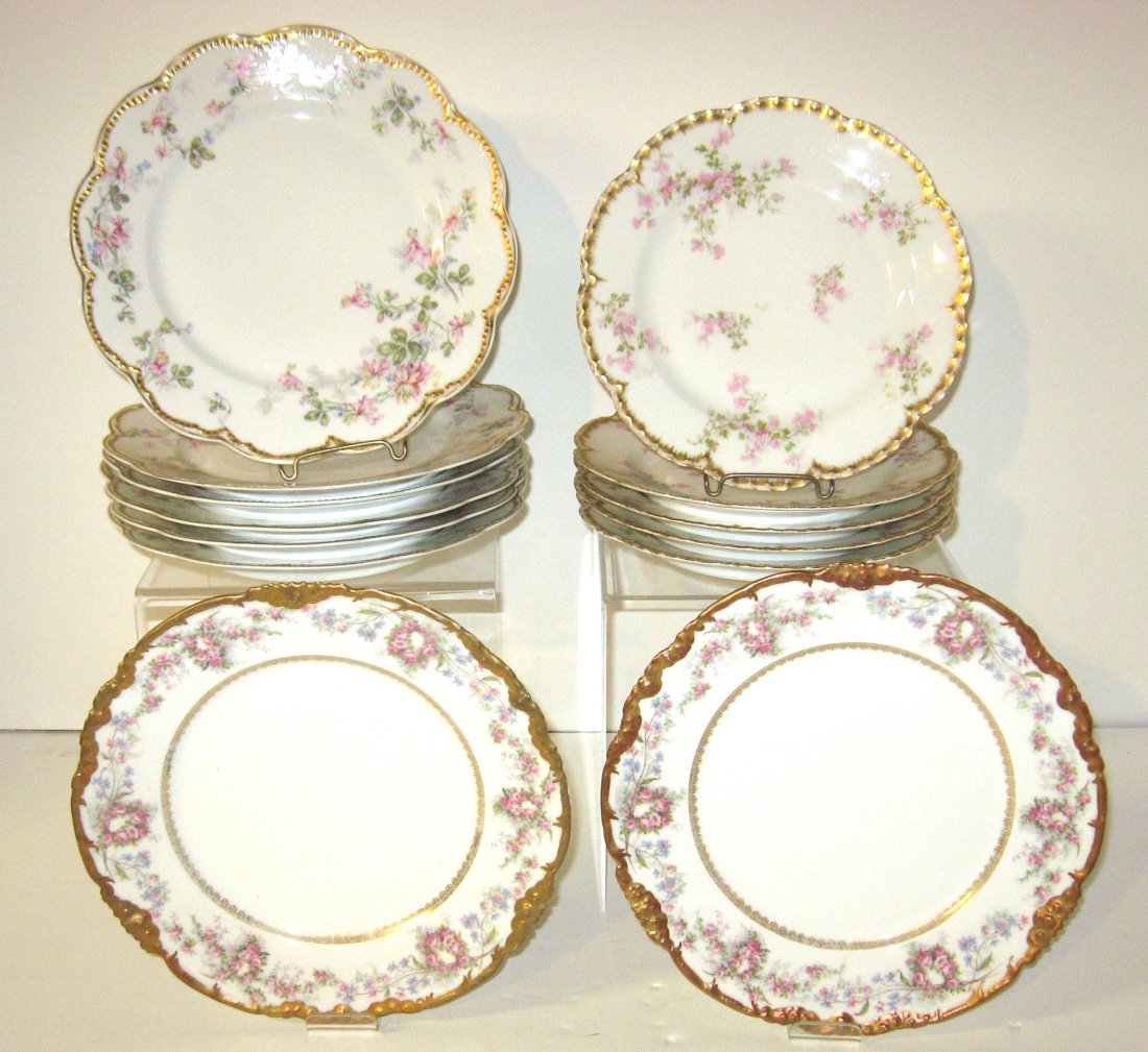 Group of 13 Limoges china plates,: Three similar patterns with flowers and gold trim including Five Haviland lunch plates 8 1/2" wide. Two J Pouyat with heavy gold trim, and 6 Haviland with spring flowers and gilt trim 9 1/2" wide.