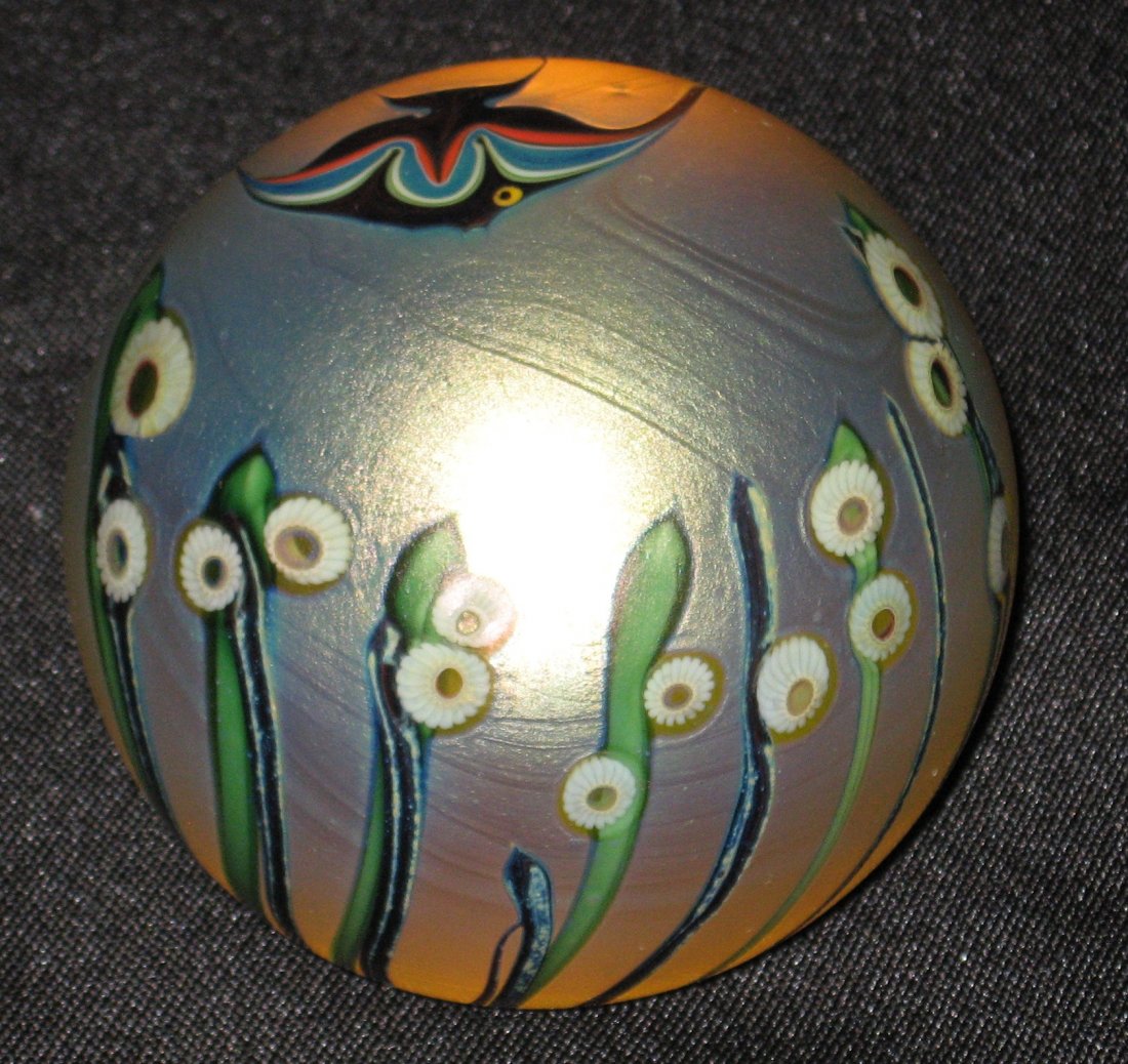 Orient and Flume paperweight,: Iridescent gold orb adorned with a black and red angel fish and white Millefiori green seaweed, signed 1981 Orient and Flume, 3 1/4" wide.