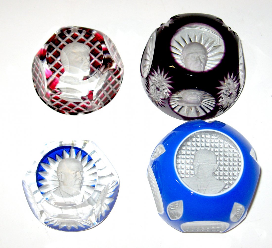 Kennedy, Truman Baccarat paperweights,: A group of four Baccarat paperweights including John Kennedy and Harry Truman, two signed A Davis, all four with acid factory stamps, largest 3" wide.